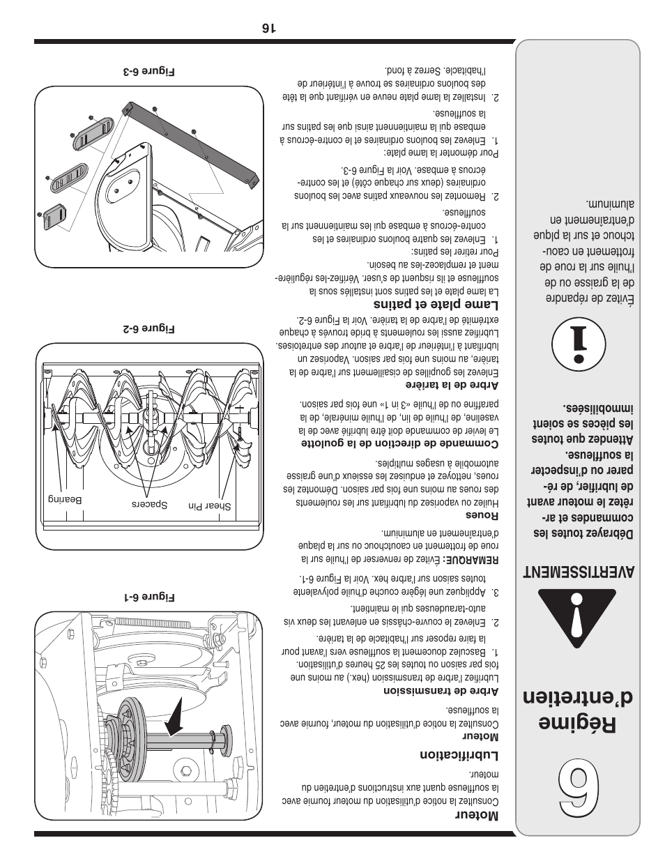 Régime d’entretien, Aver tissement | Troy-Bilt 31AE6GKF500 User Manual | Page 41 / 56