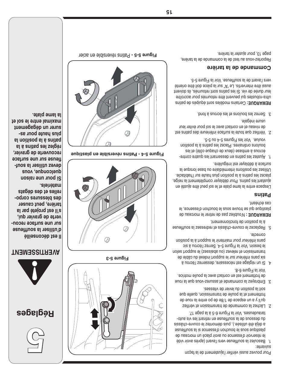Réglag es, Aver tissement | Troy-Bilt 31AE6GKF500 User Manual | Page 42 / 56