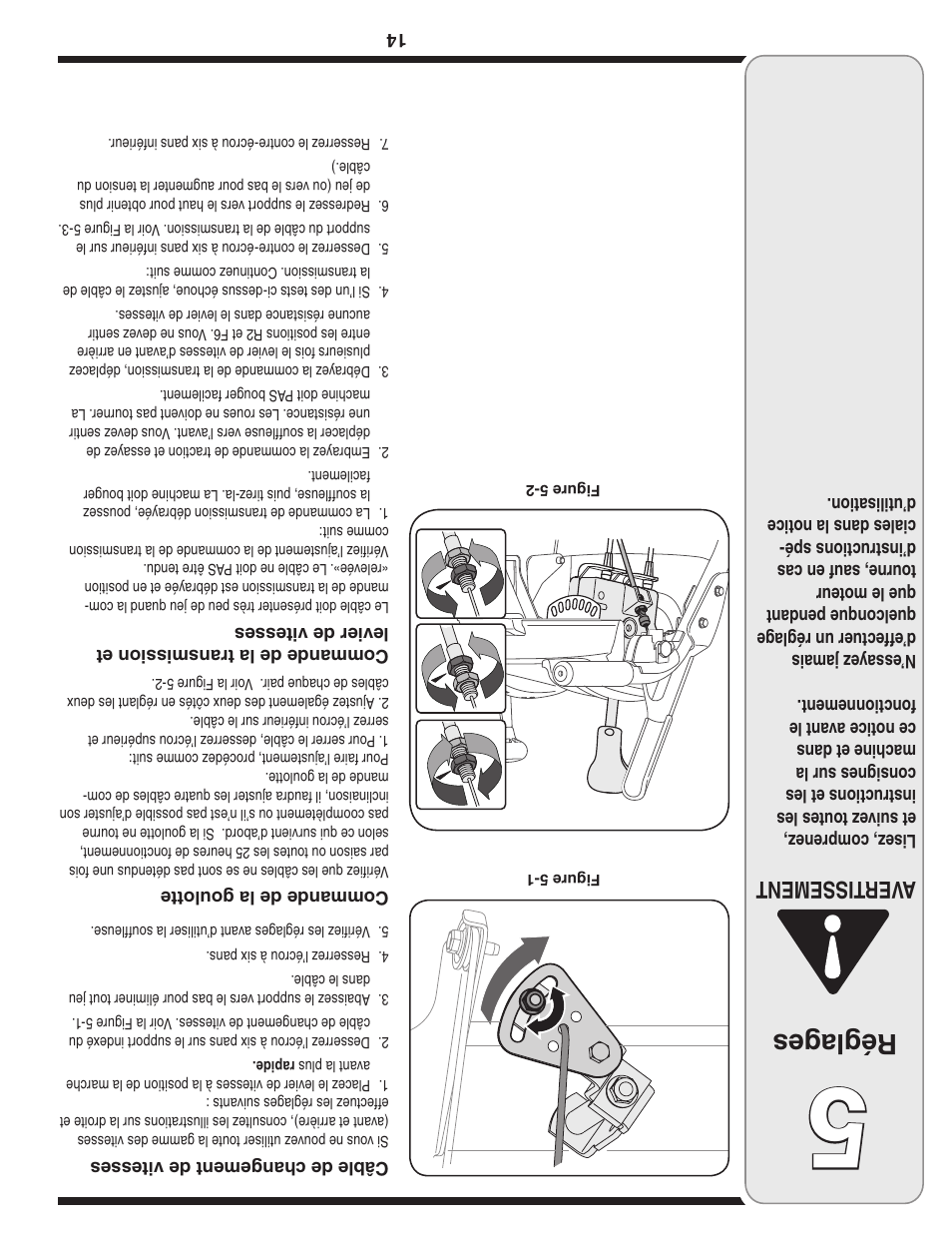 Réglag es, Aver tissement | Troy-Bilt 31AE6GKF500 User Manual | Page 43 / 56