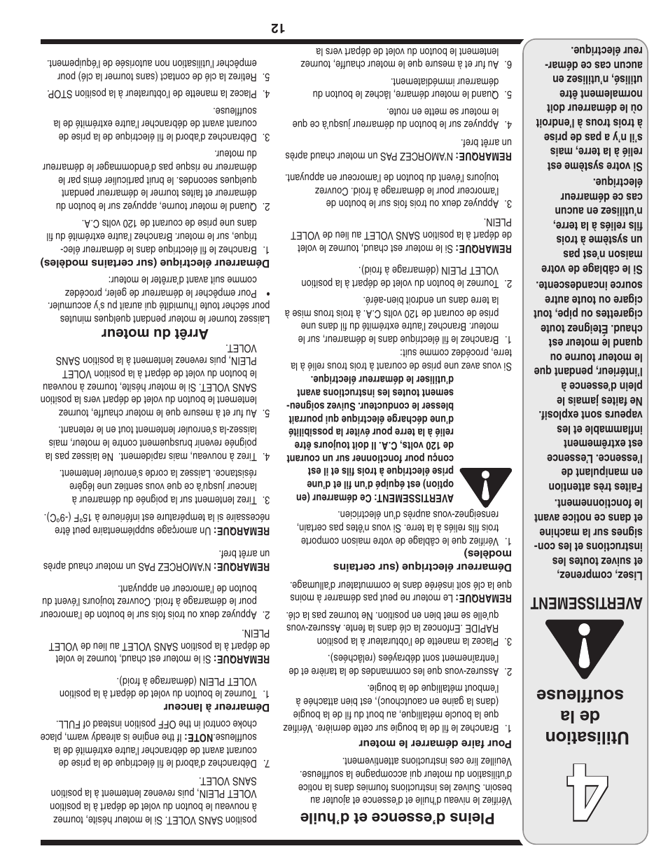 Utilisation de la souffleuse, Aver tissement, Pleins d’essence et d’huile | Arrêt du moteur | Troy-Bilt 31AE6GKF500 User Manual | Page 45 / 56
