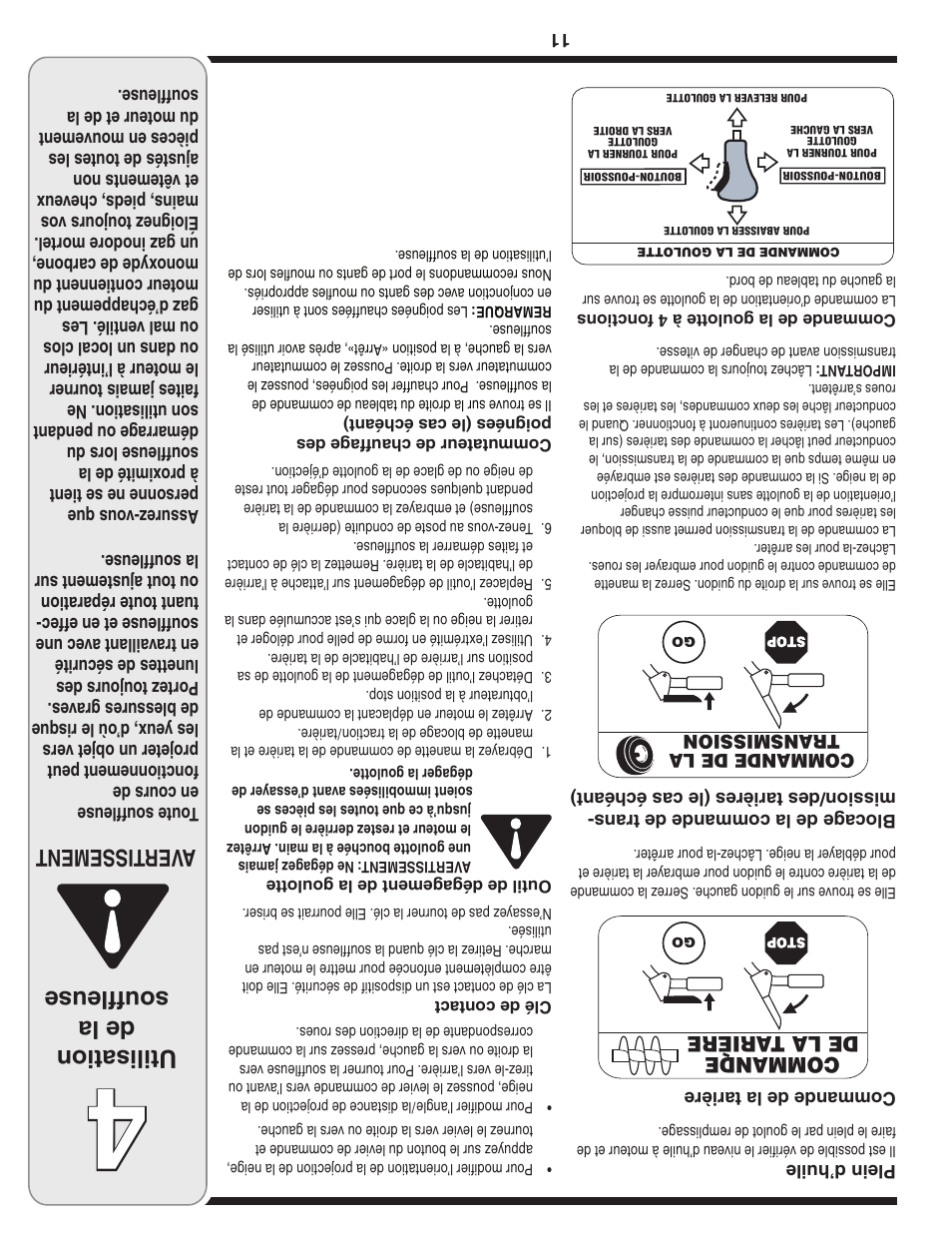 Utilisation de la souffleuse, Aver tissement | Troy-Bilt 31AE6GKF500 User Manual | Page 46 / 56
