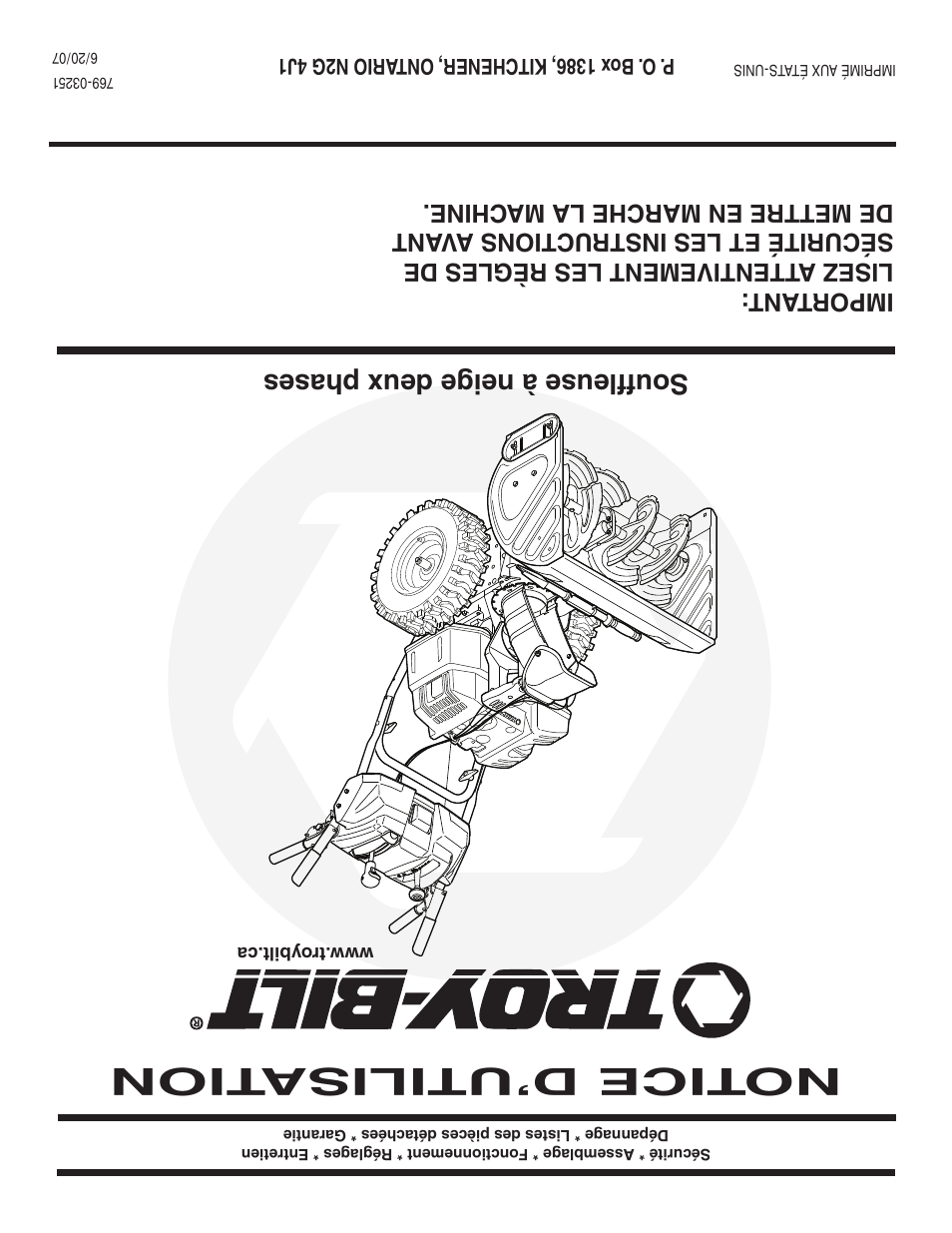 Notice d’utilisa tion, Souffleuse à neige deux phases | Troy-Bilt 31AE6GKF500 User Manual | Page 56 / 56