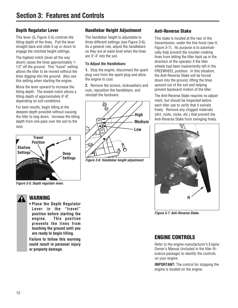 Engine controls, Warning | Troy-Bilt 645A-Bronco User Manual | Page 12 / 36