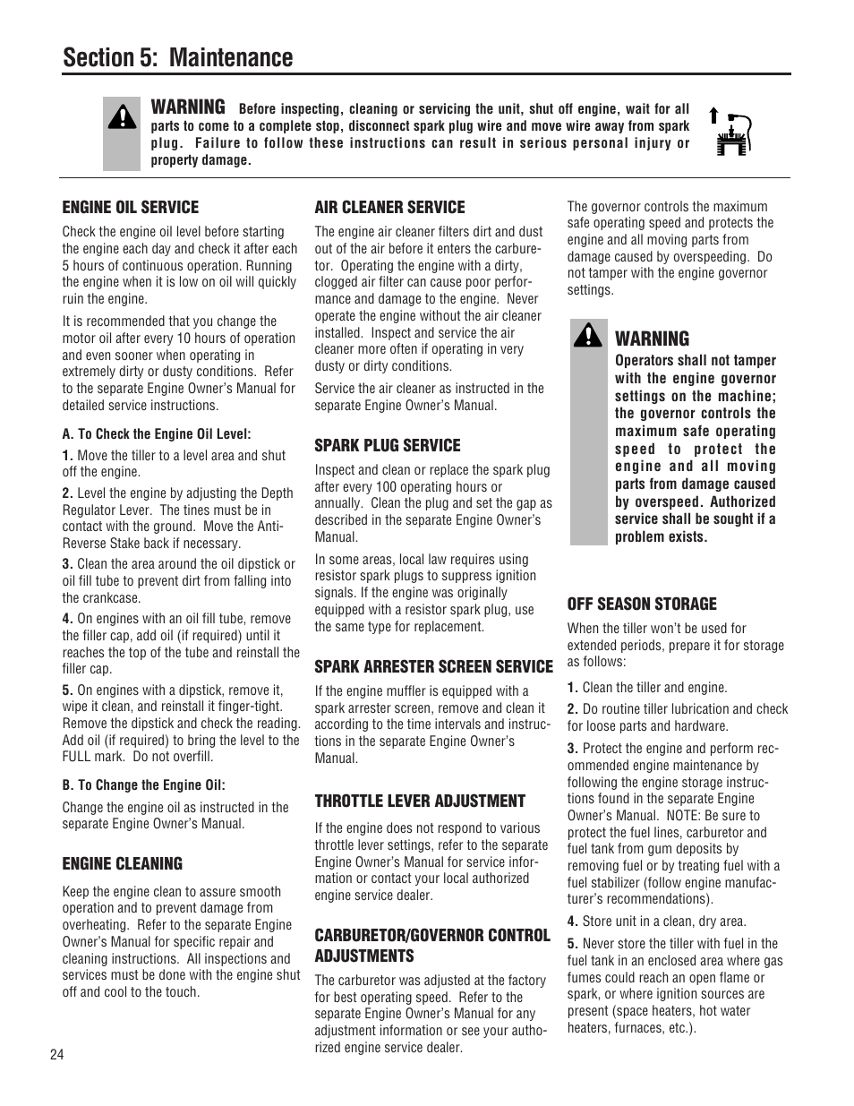 Warning | Troy-Bilt 645A-Bronco User Manual | Page 24 / 36