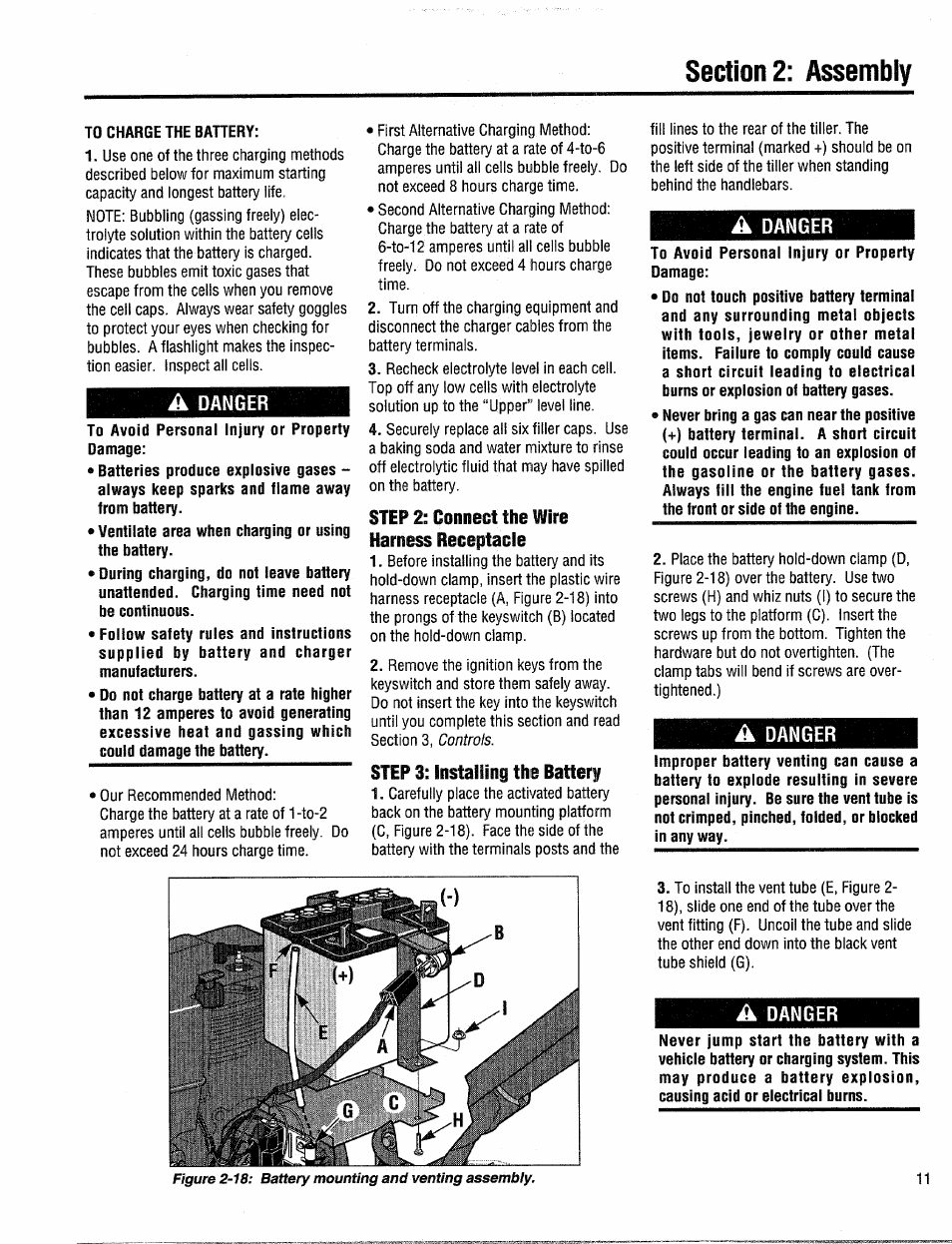 A danger, Step 2: connect the wire harness receptacle, Step 3: installing the battery | Troy-Bilt 12204-10HP User Manual | Page 11 / 64