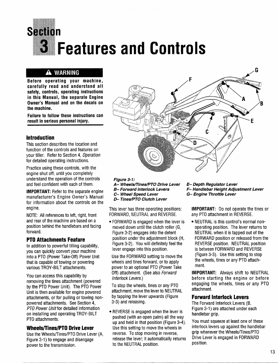 3 features and controls, Introduction, Pto attachments feature | Wheels/tines/pto drive lever, Forward interlock levers | Troy-Bilt 12204-10HP User Manual | Page 13 / 64