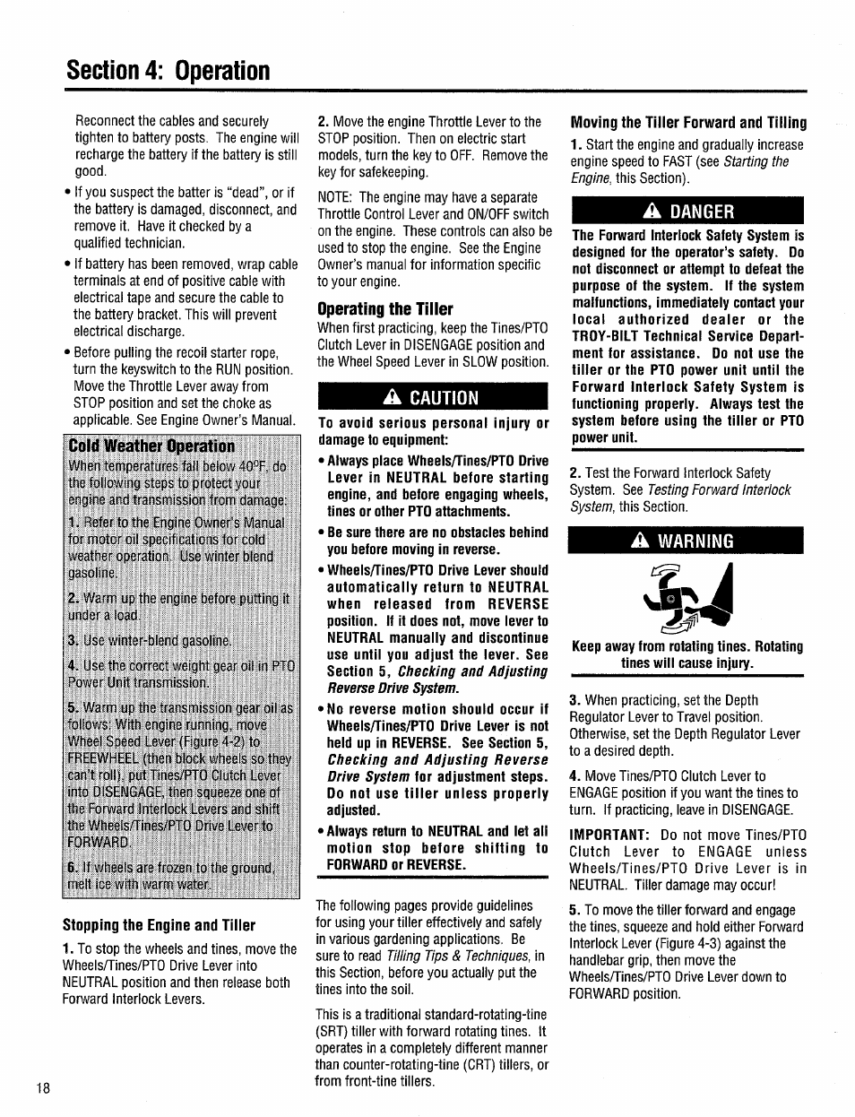 Stopping the engine and tilier, Operating the tiller, Moving the tiller forward and tilling | Troy-Bilt 12204-10HP User Manual | Page 18 / 64
