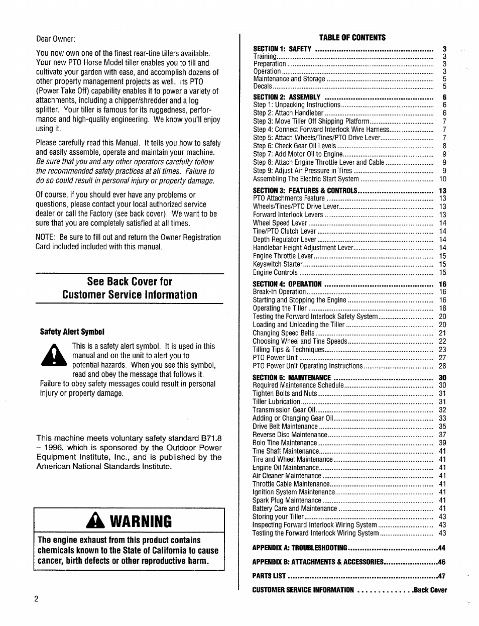 See back cover for customer service information, Warning | Troy-Bilt 12204-10HP User Manual | Page 2 / 64