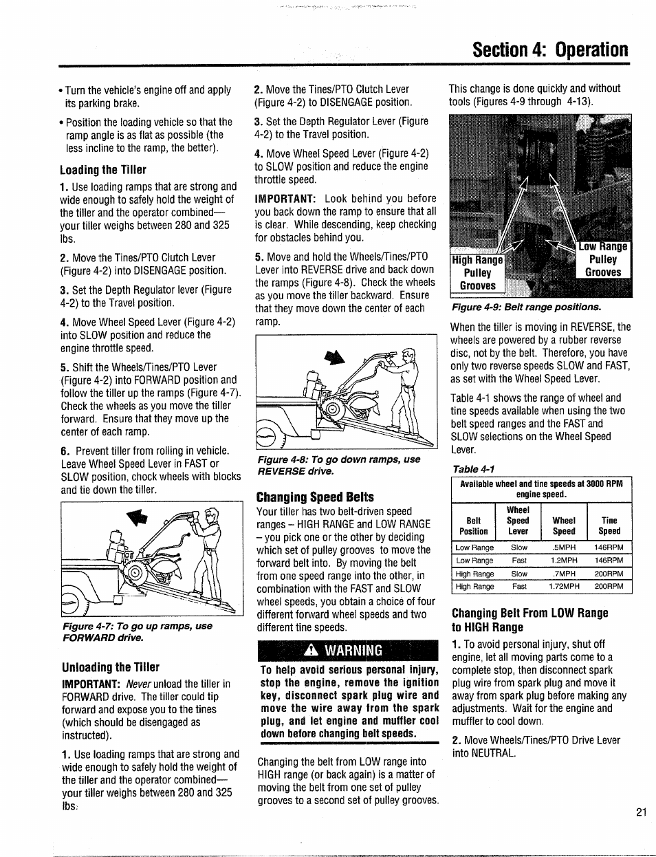 Loading the tiller, Unloading the tiller, Changing speed belts | Changing belt from low range to high range | Troy-Bilt 12204-10HP User Manual | Page 21 / 64