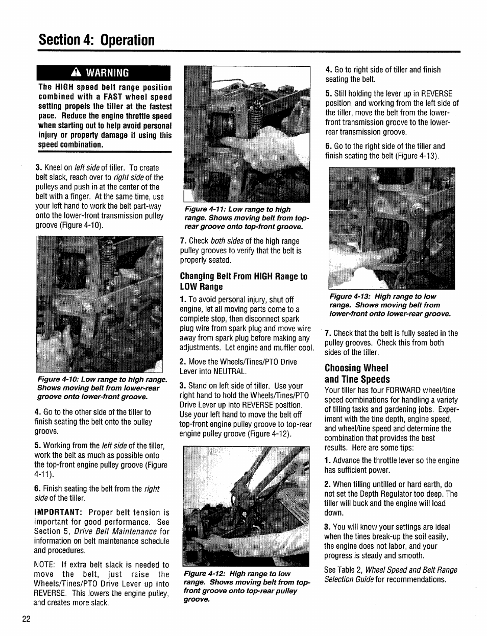 A warning, Changing belt from high range to low range, Choosing wheel and tine speeds | Troy-Bilt 12204-10HP User Manual | Page 22 / 64
