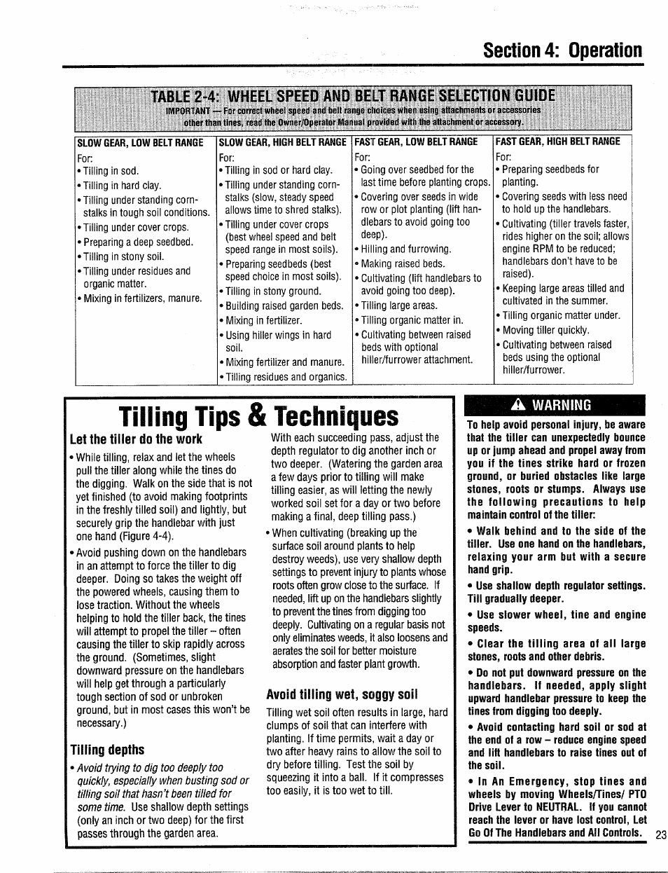Let the tiller do the work, Tilling depths, Avoid tilling wet, soggy soil | A warning, Tilling tips & techniques | Troy-Bilt 12204-10HP User Manual | Page 23 / 64