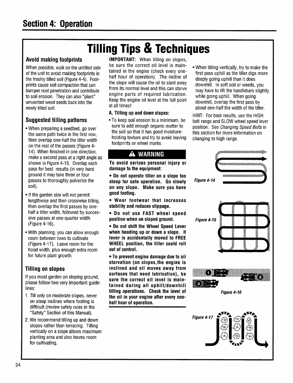Avoid making footprints, Suggested tilling patterns, Tilling on slopes | A warning, Tilling tips & techniques | Troy-Bilt 12204-10HP User Manual | Page 24 / 64