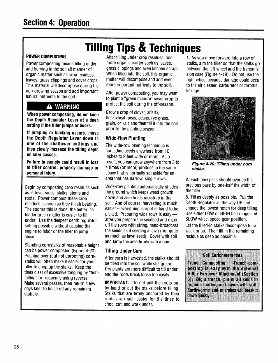 Wide-row planting, Tilling under corn, Tilling tips & techniques | Troy-Bilt 12204-10HP User Manual | Page 26 / 64