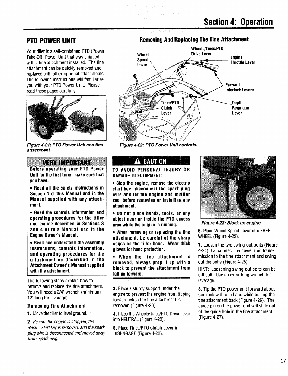 Removing tine attachment, Caution, Pto power unit | Troy-Bilt 12204-10HP User Manual | Page 27 / 64