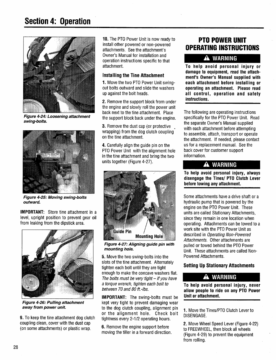 Installing the tine attachment, A warning, Setting up stationary attachments | Troy-Bilt 12204-10HP User Manual | Page 28 / 64