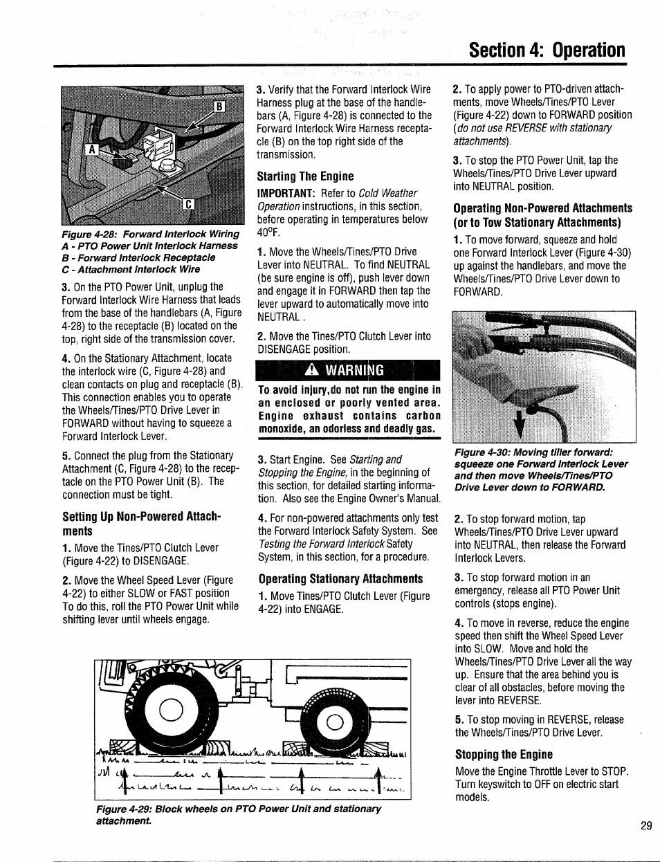 Setting up non-powered attachments, Starting the engine, Operating stationary attachments | Stopping the engine | Troy-Bilt 12204-10HP User Manual | Page 29 / 64