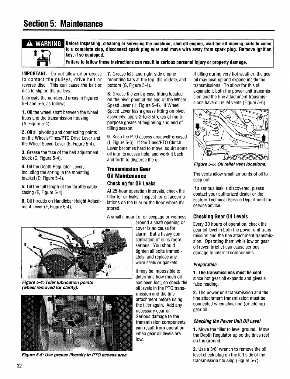 Transmission gear oil maintenance, Checking for oil leaks, Checking gear oil levels | Troy-Bilt 12204-10HP User Manual | Page 32 / 64