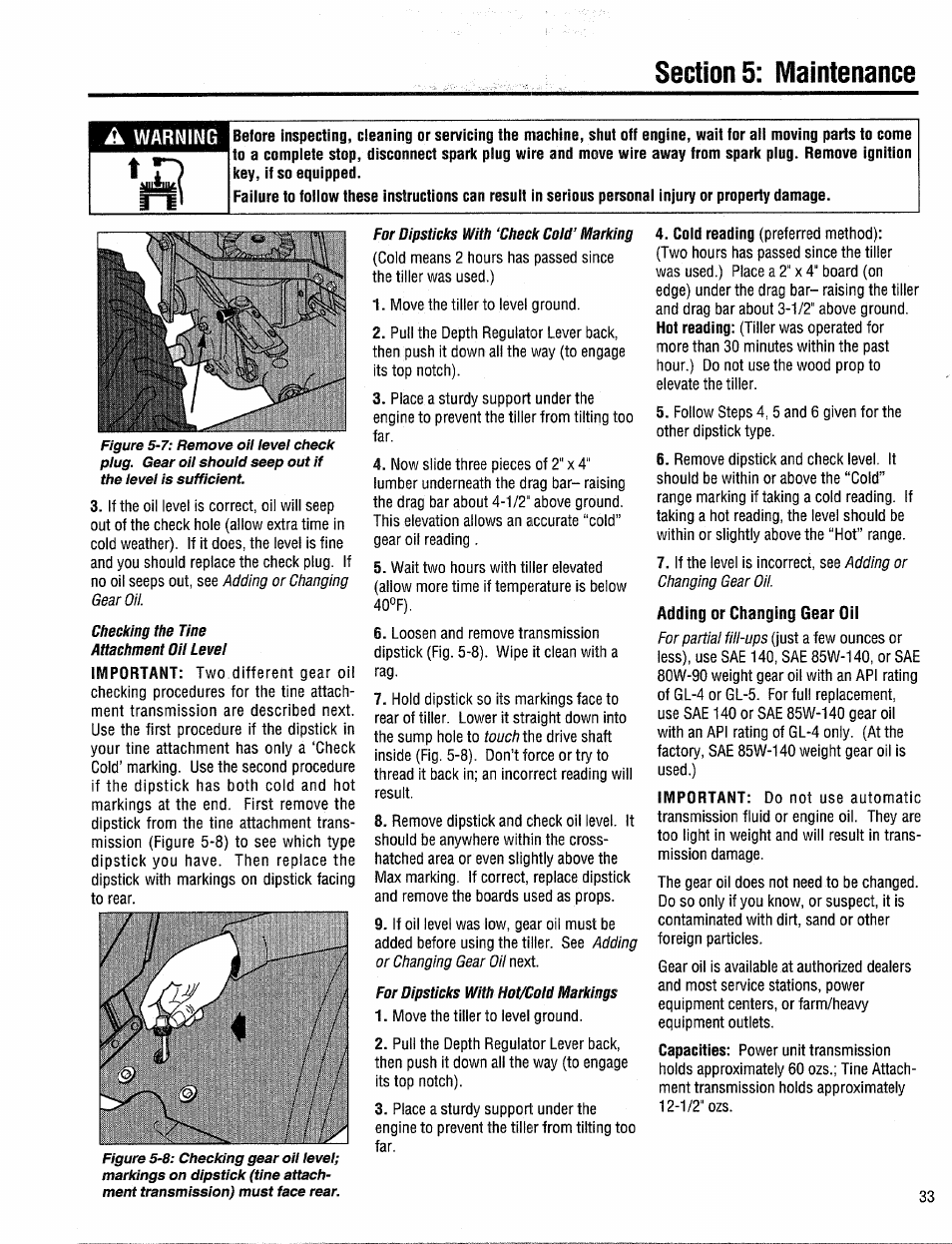 Adding or changing gear oii, Adding or changing gear oil | Troy-Bilt 12204-10HP User Manual | Page 33 / 64