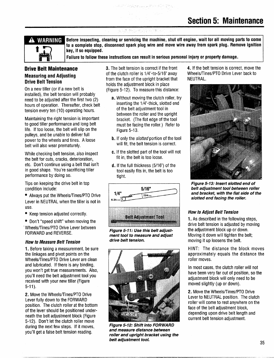 Drive belt maintenance, Measuring and adjusting drive belt tension | Troy-Bilt 12204-10HP User Manual | Page 35 / 64