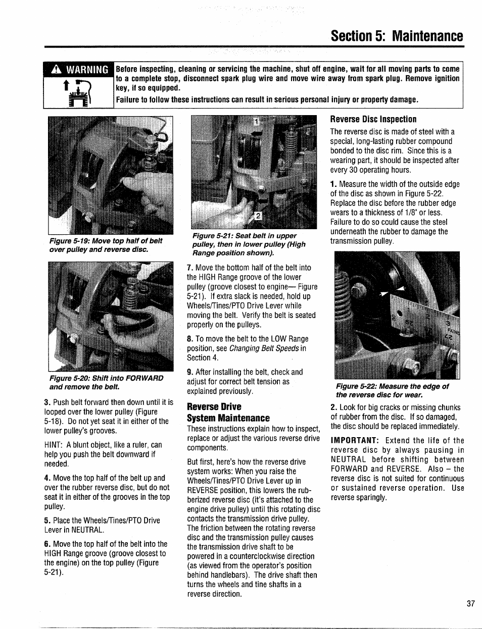 Reverse drive system maintenance, Reverse disc inspection, Reverse d isc mai ntenance | Troy-Bilt 12204-10HP User Manual | Page 37 / 64