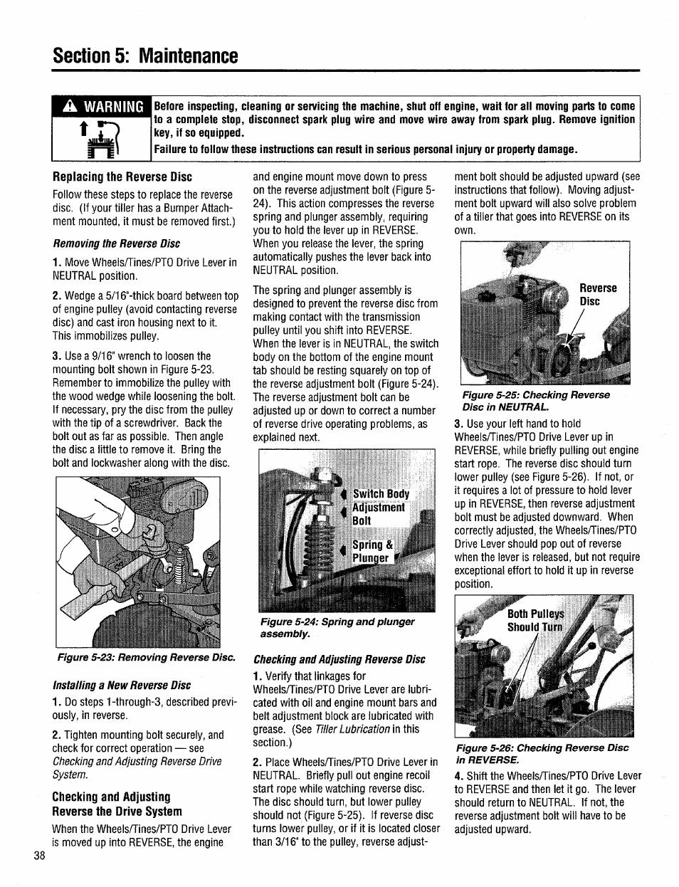 Replacing the reverse disc, Checking and adjusting reverse the drive system | Troy-Bilt 12204-10HP User Manual | Page 38 / 64