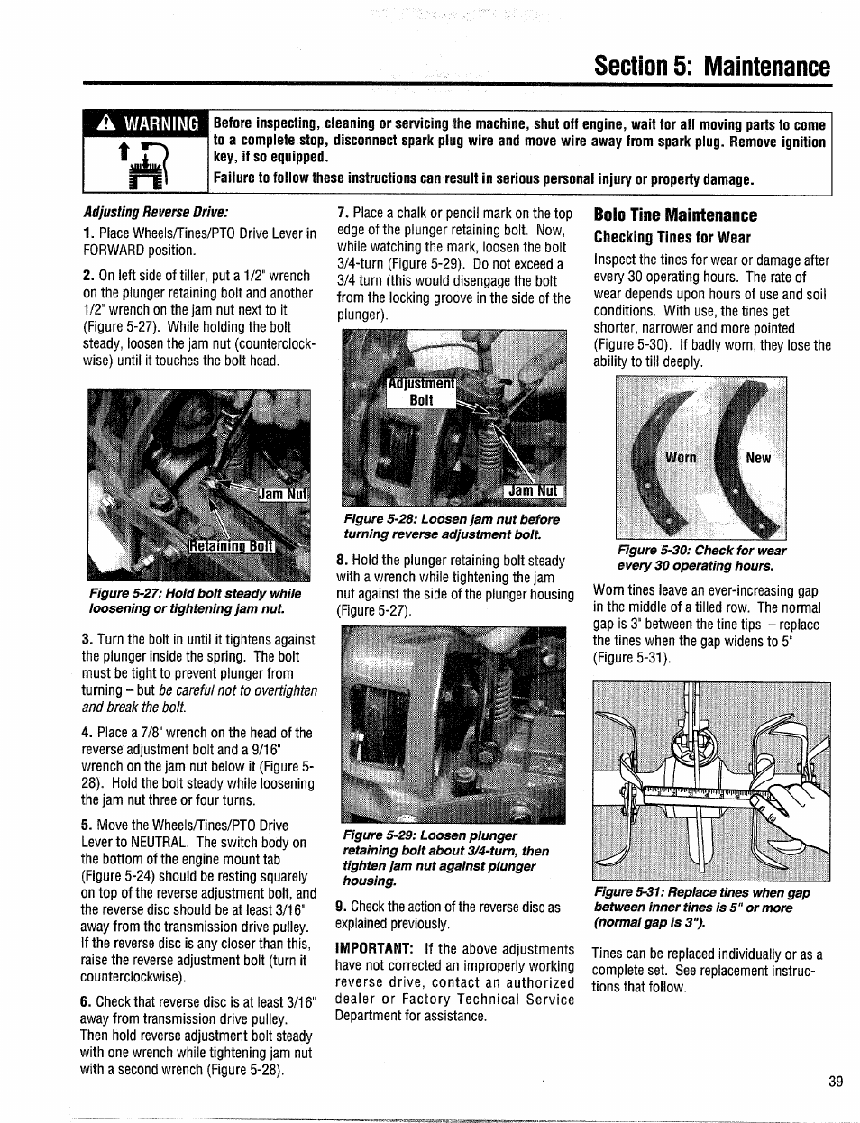 Bolo tine maintenance checking tines for wear | Troy-Bilt 12204-10HP User Manual | Page 39 / 64