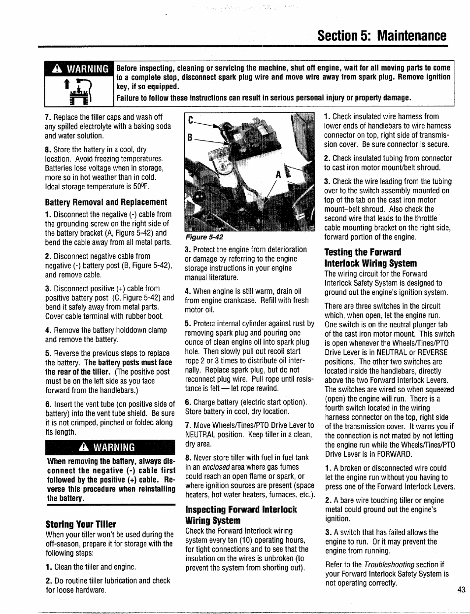 Battery removal and replacement, A warning, Storing your tiller | Inspecting forward interlock wiring system, Testing the forward interlock wiring system | Troy-Bilt 12204-10HP User Manual | Page 43 / 64