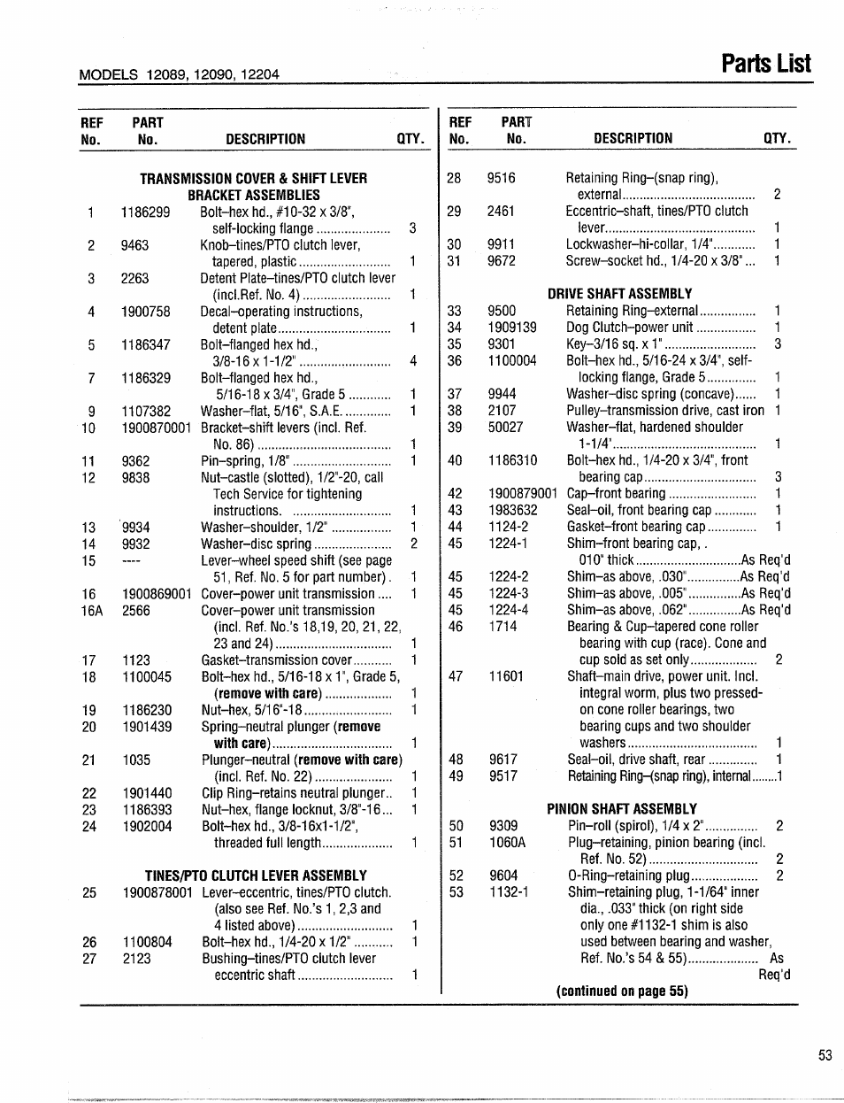 Parts list | Troy-Bilt 12204-10HP User Manual | Page 53 / 64