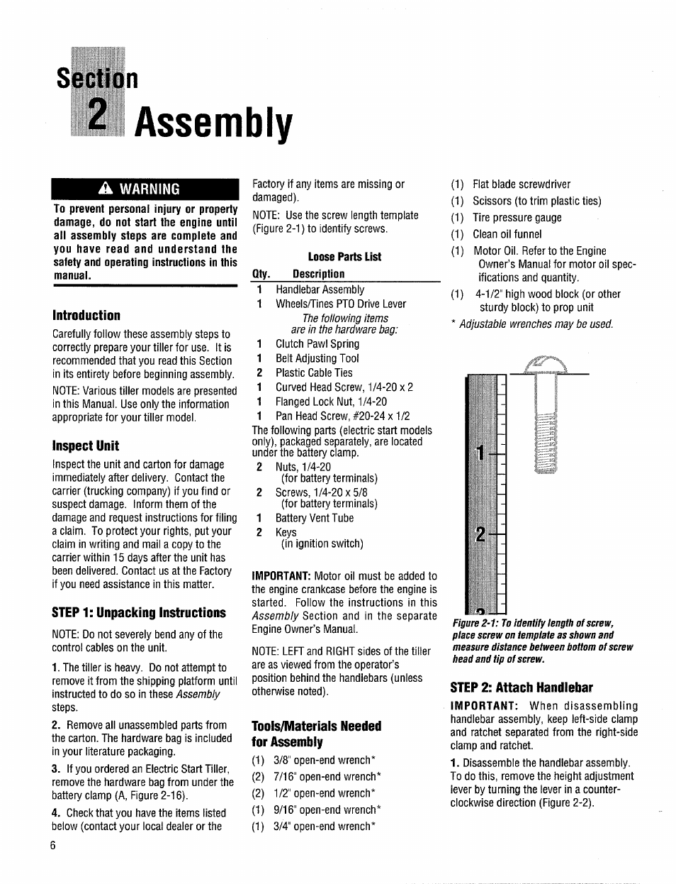 Assembly, Introduction, Inspect unit | Step 1: unpacking instructions, Toois/materials needed for assembly, Step 2: attach handlebar | Troy-Bilt 12204-10HP User Manual | Page 6 / 64