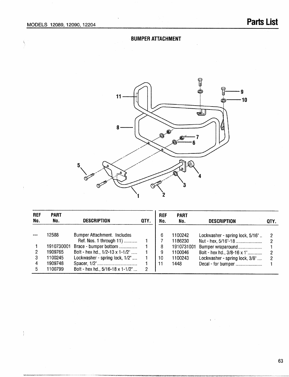 Parts list | Troy-Bilt 12204-10HP User Manual | Page 63 / 64