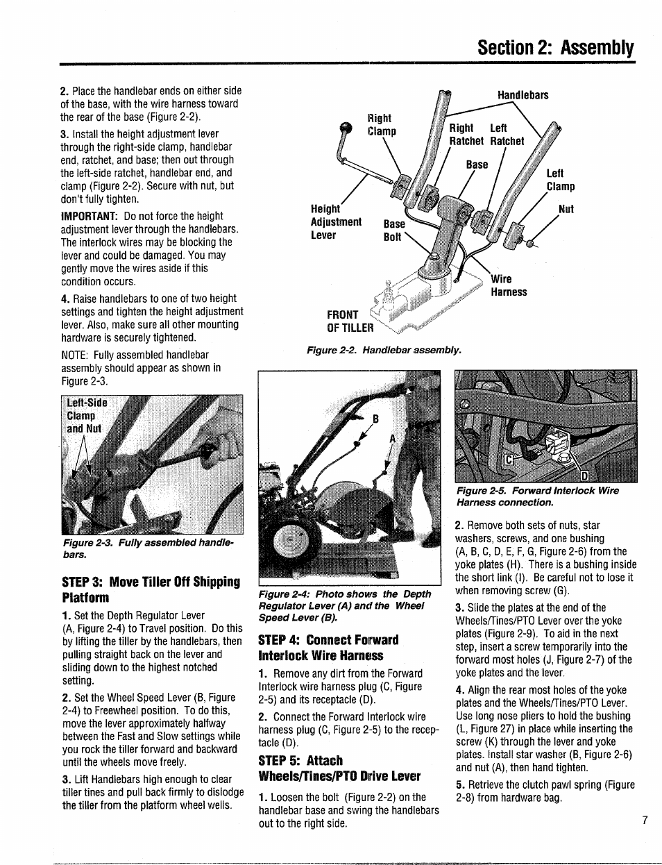 Step 3: move tiller off shipping platform, Step 4: connect forward interlock wire harness, Step 5: attach wheels/tines/pto drive lever | Troy-Bilt 12204-10HP User Manual | Page 7 / 64