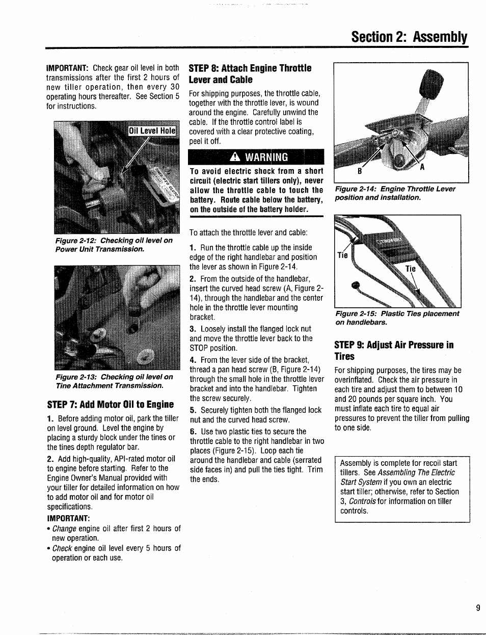 Step 7: add motor oil to engine, Step 8: attach engine throttle lever and cable, A warning | Step 9: adjust air pressure in tires | Troy-Bilt 12204-10HP User Manual | Page 9 / 64