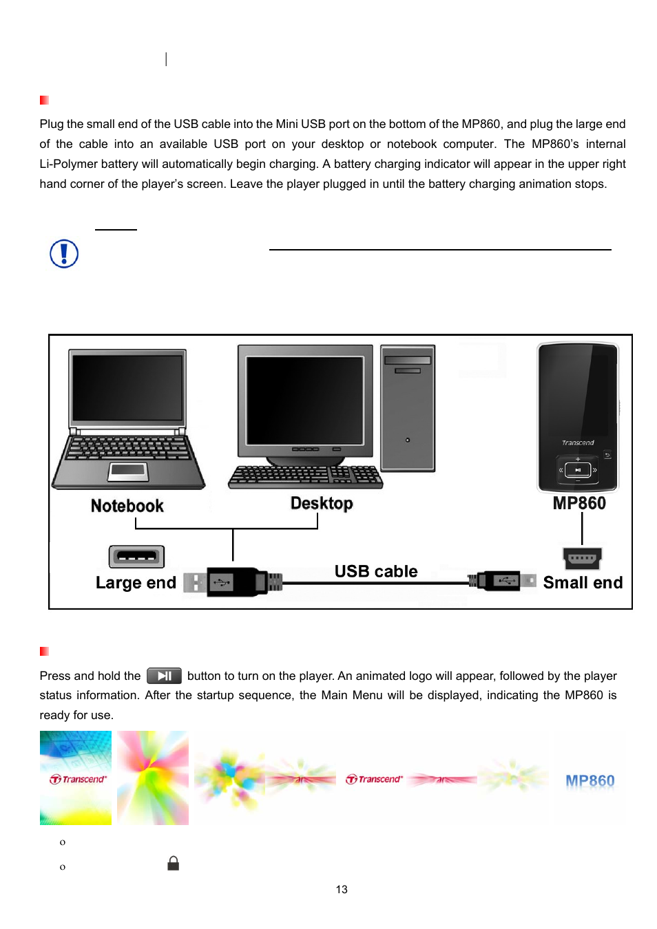 Basic operation, Charging the battery, Power on | Transcend Information Transcend MP860 User Manual | Page 13 / 79