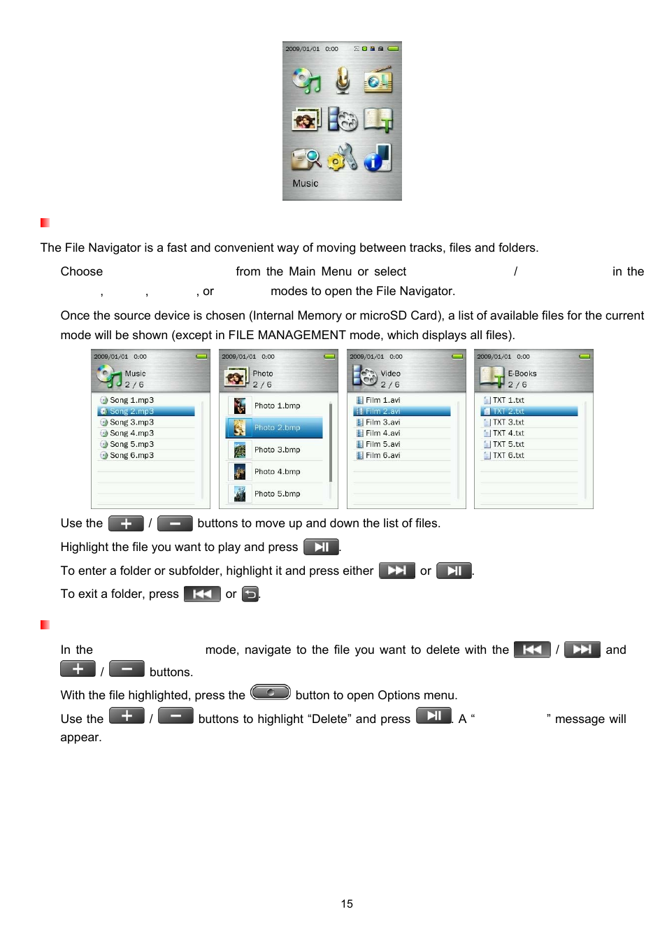 File navigator, Deleting files | Transcend Information Transcend MP860 User Manual | Page 15 / 79