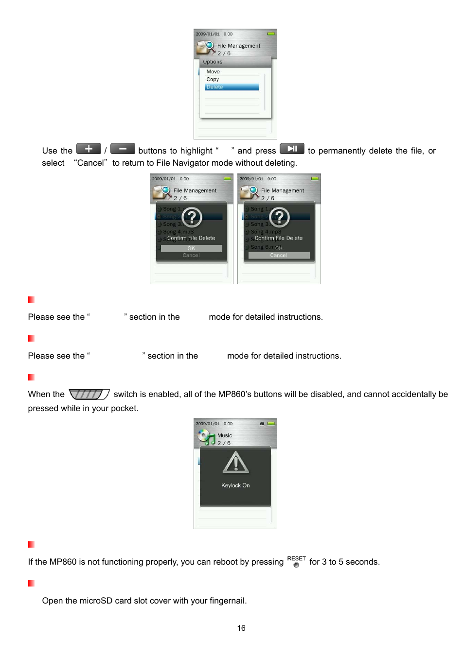 Repeat / shuffle functions, A-b repeat, Hold | Reset, Inserting / removing the microsd card | Transcend Information Transcend MP860 User Manual | Page 16 / 79