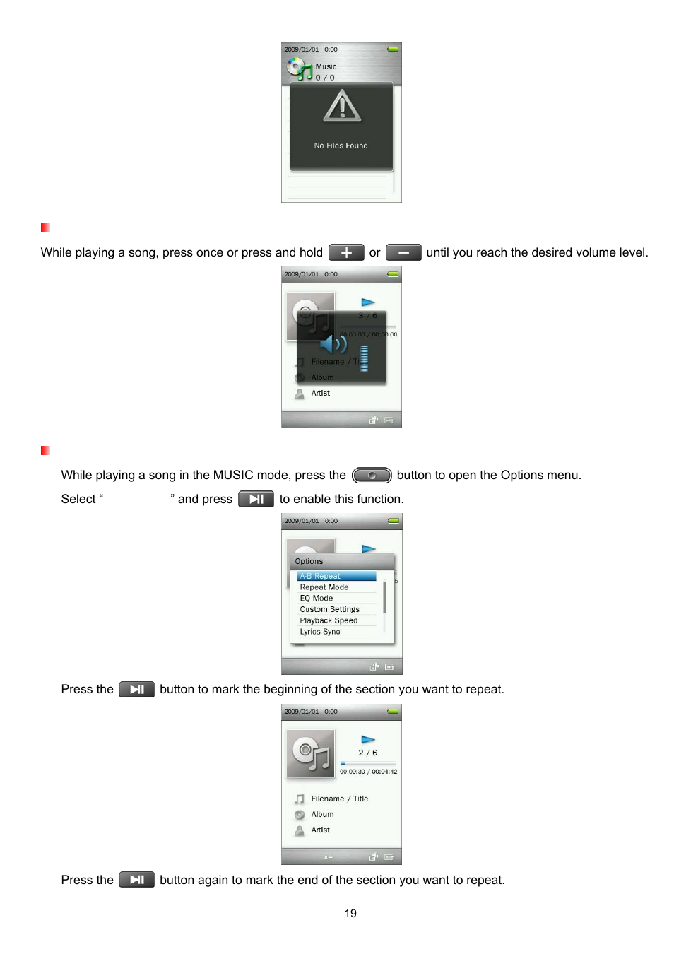 Adjusting the volume, A-b repeat | Transcend Information Transcend MP860 User Manual | Page 19 / 79