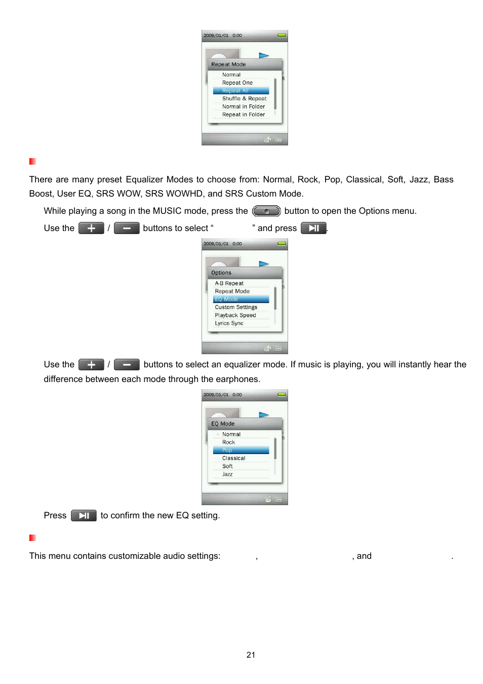 Equalizer (eq) mode, Custom settings | Transcend Information Transcend MP860 User Manual | Page 21 / 79
