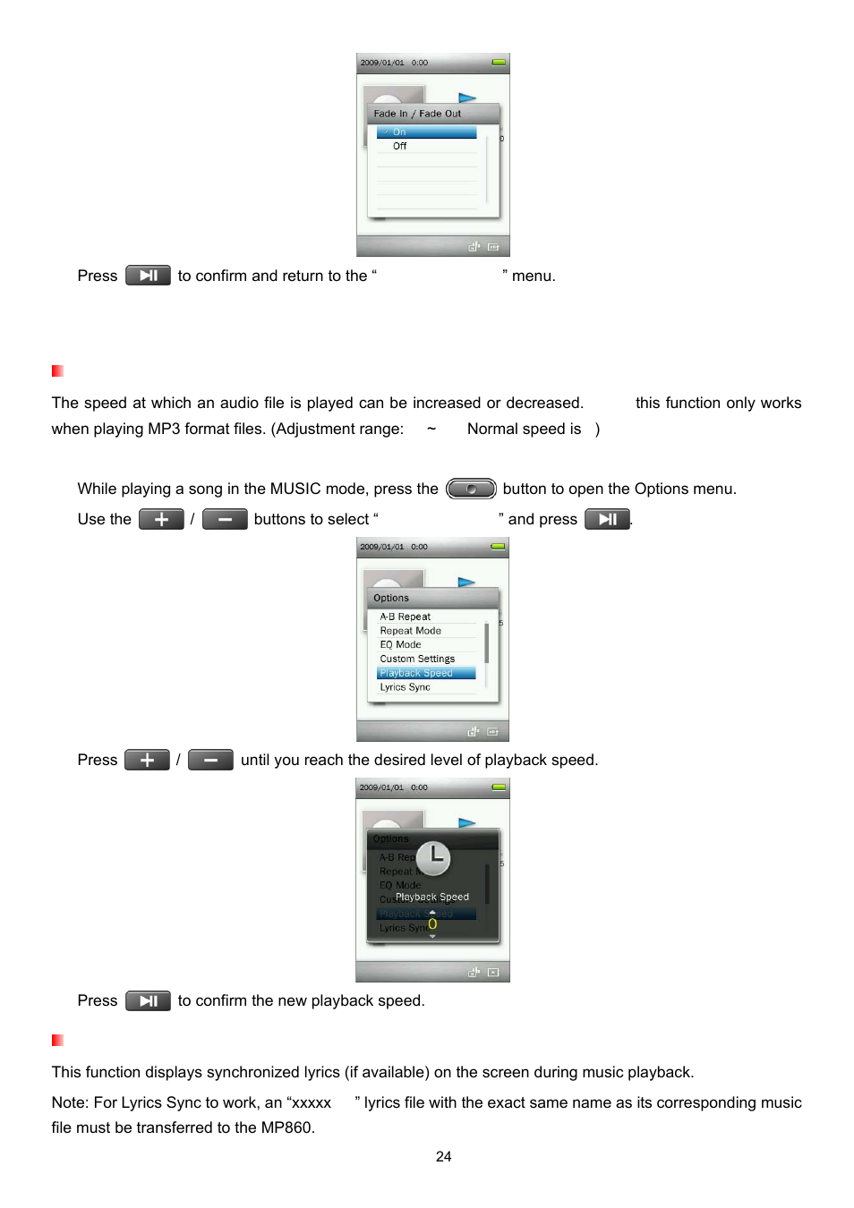 Playback speed, Lyrics sync | Transcend Information Transcend MP860 User Manual | Page 24 / 79