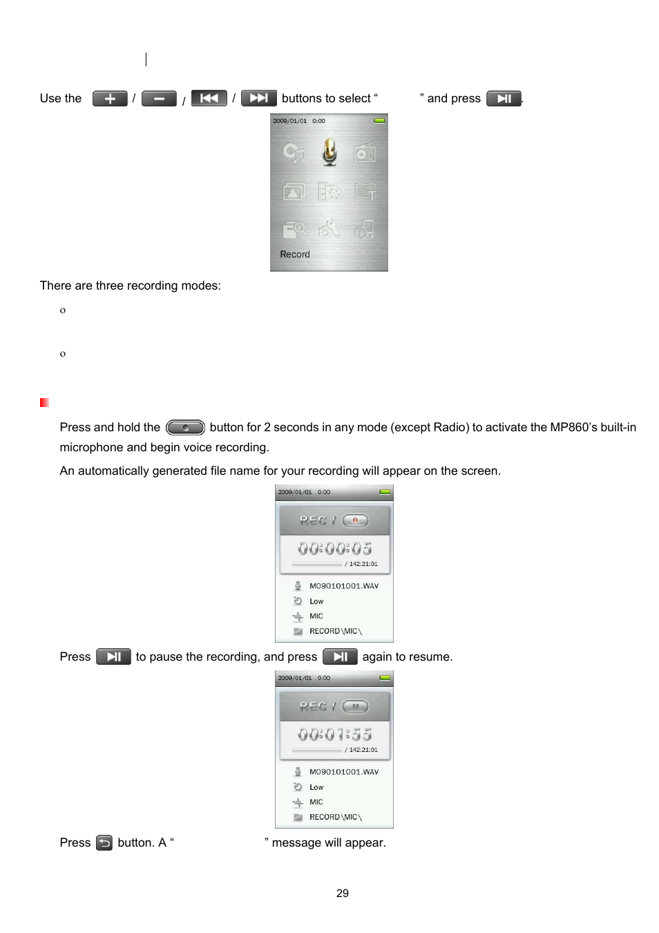 Record mode, Voice recording | Transcend Information Transcend MP860 User Manual | Page 29 / 79