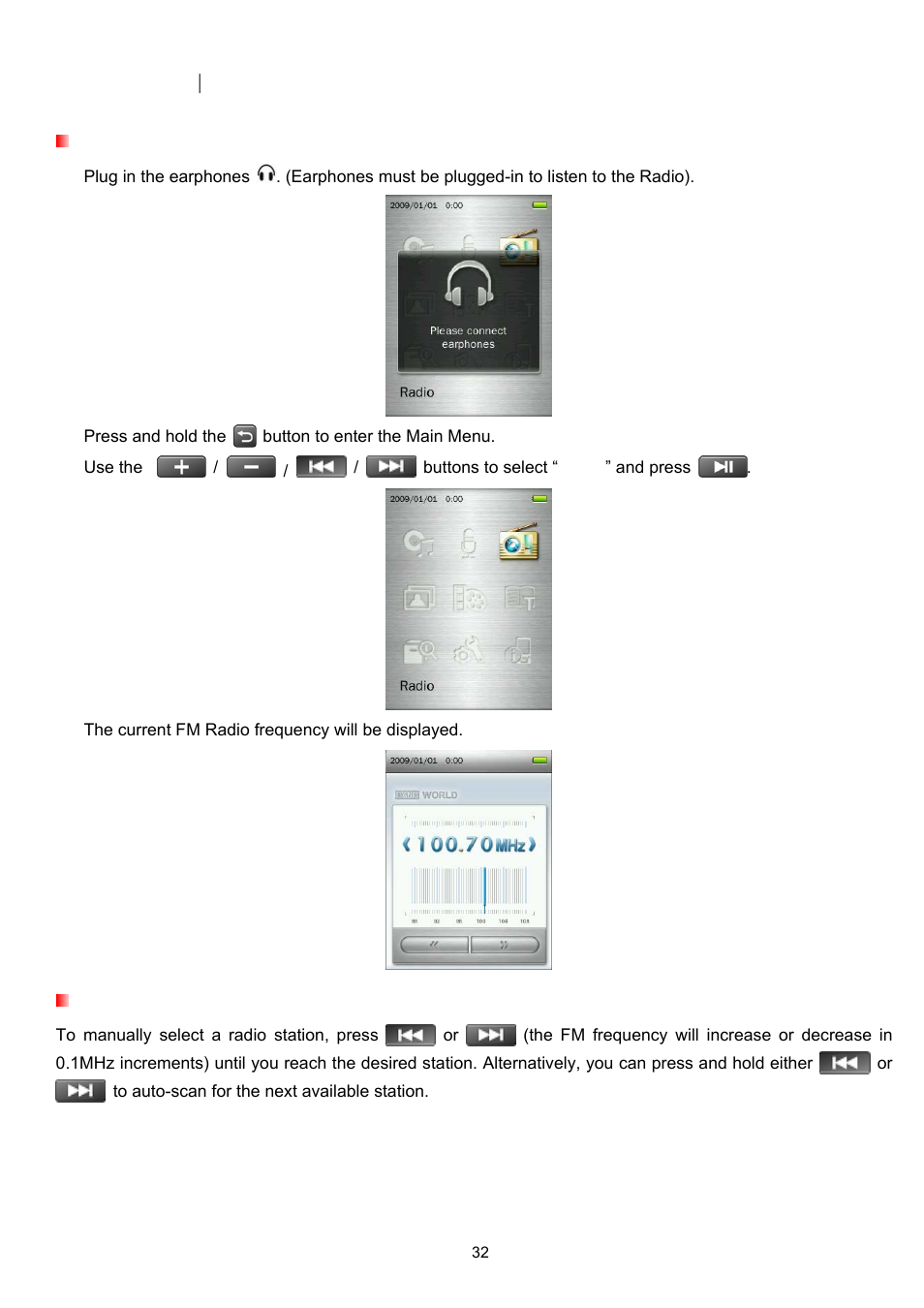 Radio mode, Listen to the radio, Selecting a radio station | Transcend Information Transcend MP860 User Manual | Page 32 / 79
