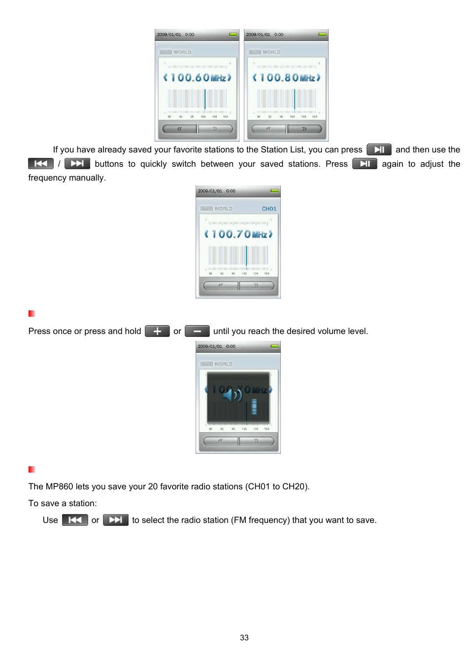 Adjusting the volume, Saving a radio station | Transcend Information Transcend MP860 User Manual | Page 33 / 79