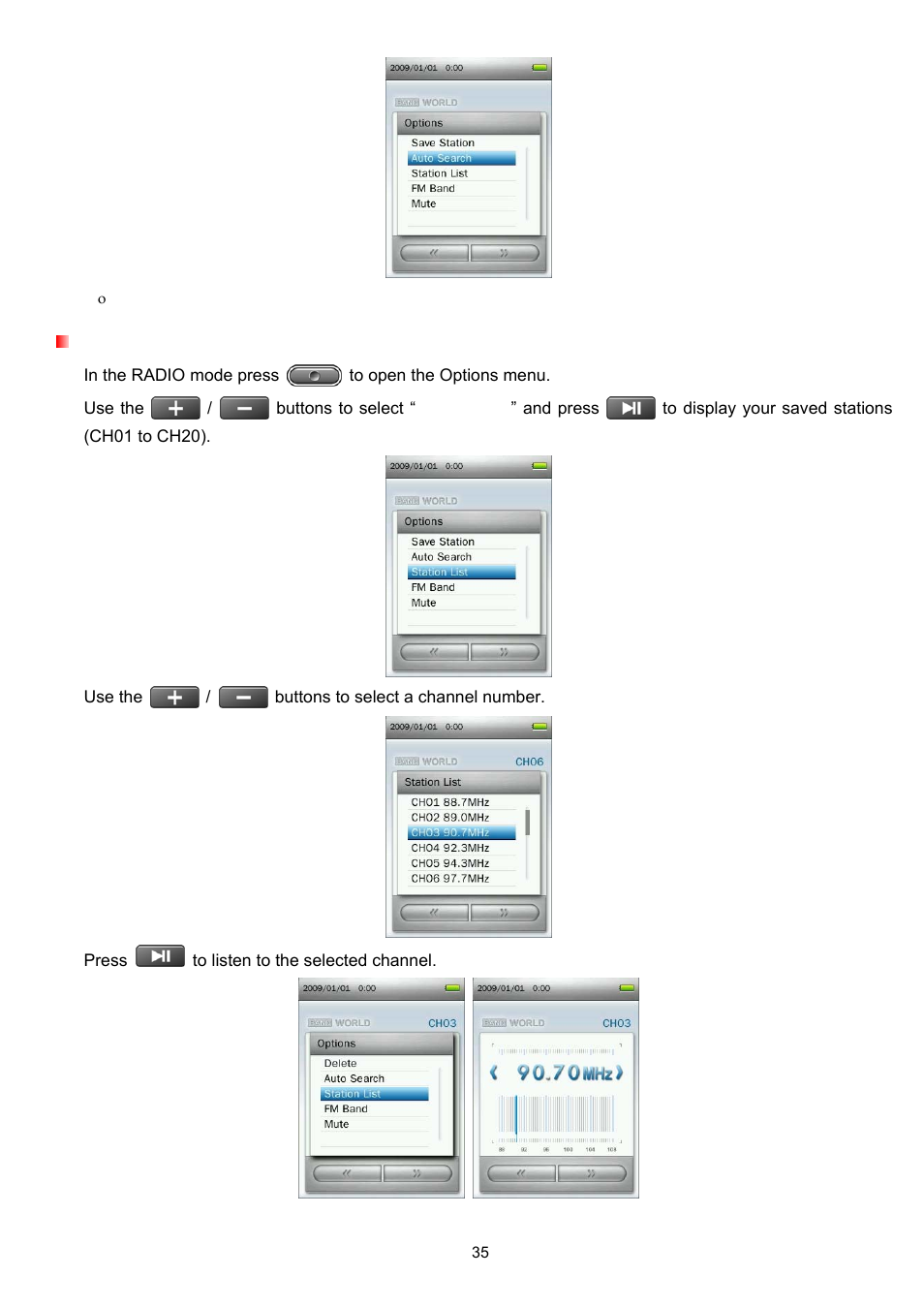 Recalling a saved station | Transcend Information Transcend MP860 User Manual | Page 35 / 79