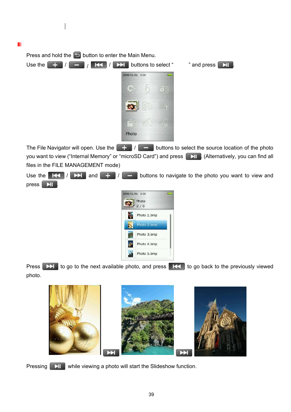 Photo mode, Displaying photos | Transcend Information Transcend MP860 User Manual | Page 39 / 79