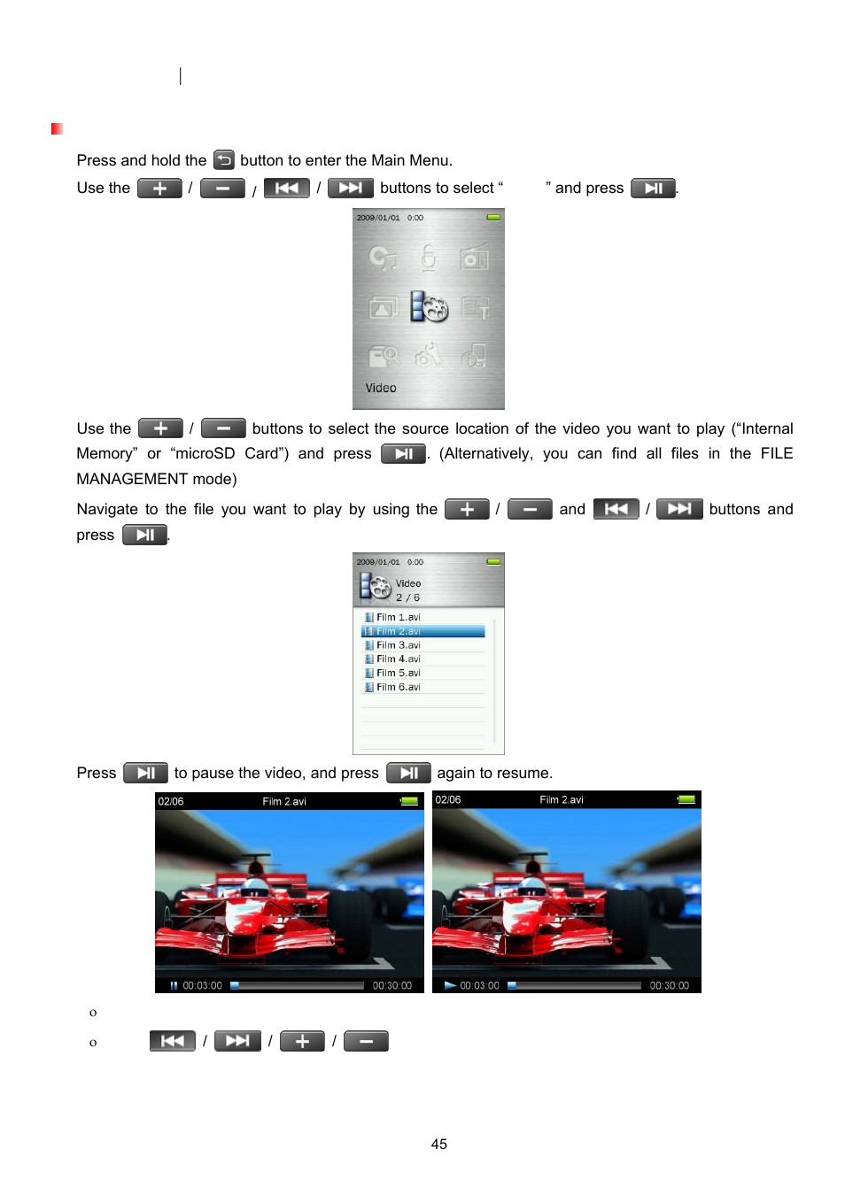 Video mode, Playing video files | Transcend Information Transcend MP860 User Manual | Page 45 / 79