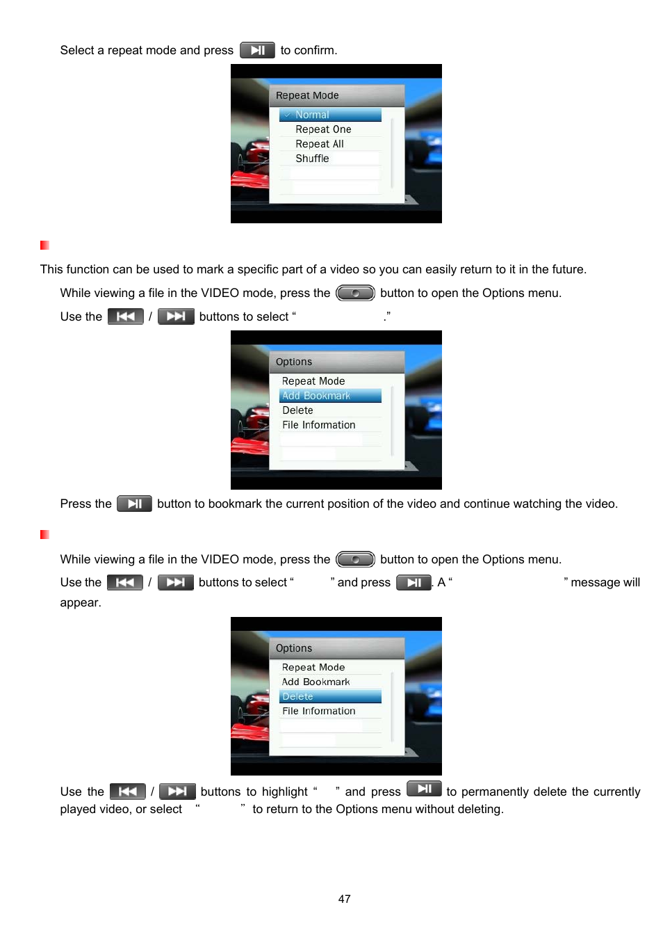 Add bookmark, Delete | Transcend Information Transcend MP860 User Manual | Page 47 / 79