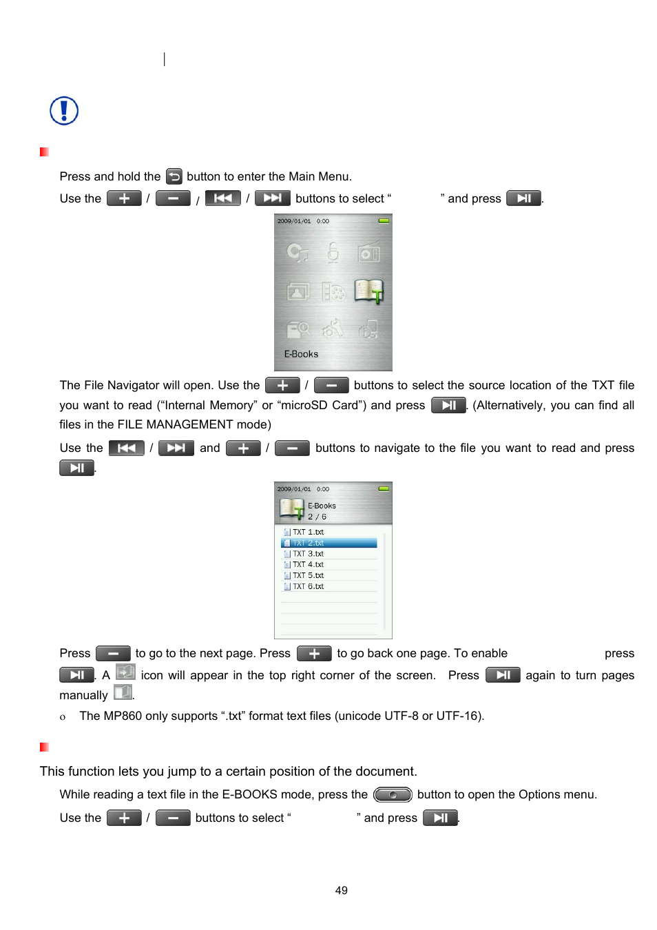 E-books mode, Reading e-books and text files, Advance to | Transcend Information Transcend MP860 User Manual | Page 49 / 79