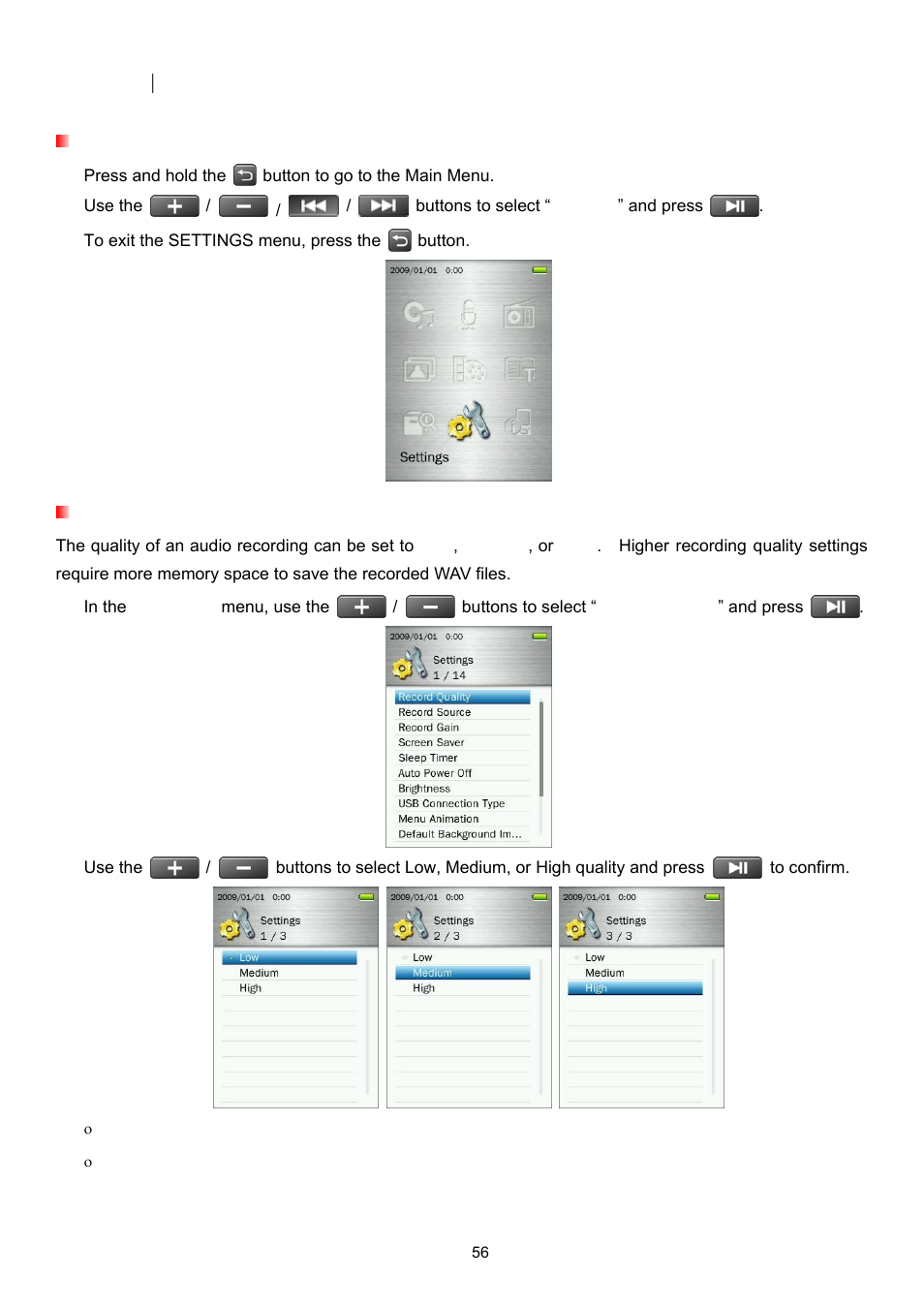 Settings, The settings menu, Record quality | Transcend Information Transcend MP860 User Manual | Page 56 / 79