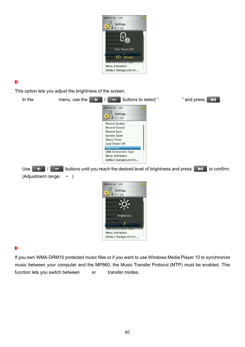 Brightness, Usb connection type | Transcend Information Transcend MP860 User Manual | Page 60 / 79