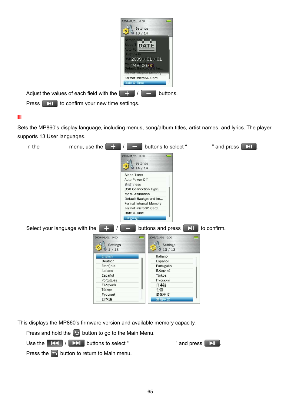 Language, Player information | Transcend Information Transcend MP860 User Manual | Page 65 / 79