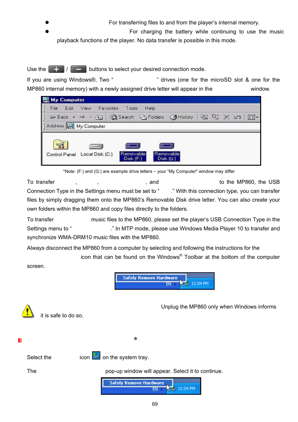 Disconnecting the mp860 in windows, 2000, xp and vista | Transcend Information Transcend MP860 User Manual | Page 69 / 79